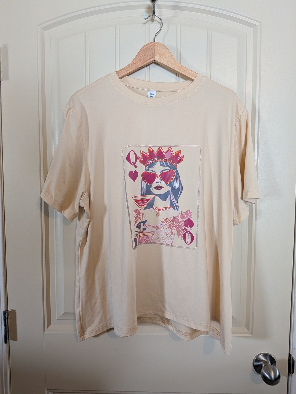 NWOT Cream Graphic Tee with Pink & Red Queen Playing Card Design